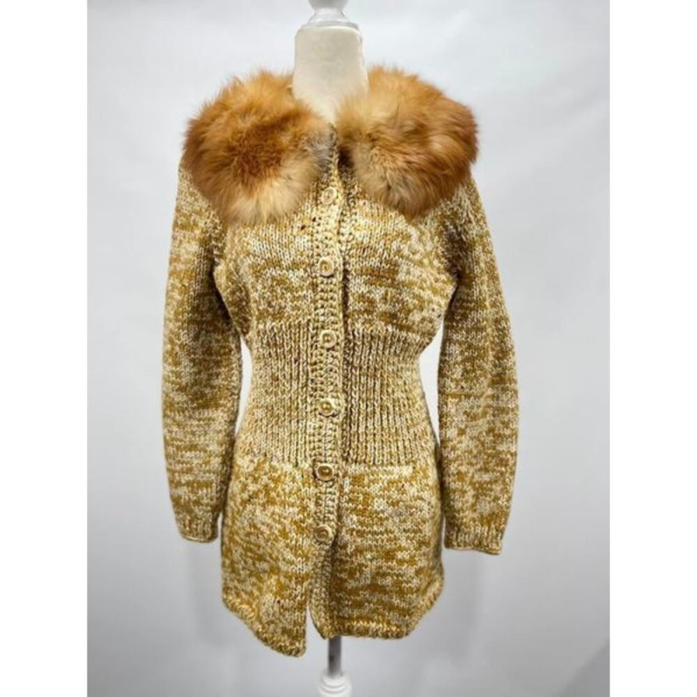 VTG Fox Fur Collared Sweater Yellow Brown Handmade Knitted Cardigan 80s‎ Retro